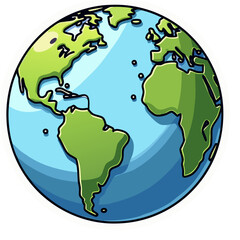 Cartoon Earth illustration with map of the world, globe and green continents on black background