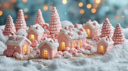 Festive pink gingerbread houses and trees, decorated with candy and snow.