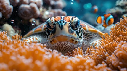 Close-up of a sea turtle amongst coral.