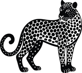 Stylized Leopard Illustration in Black and White with Polka Dot Pattern