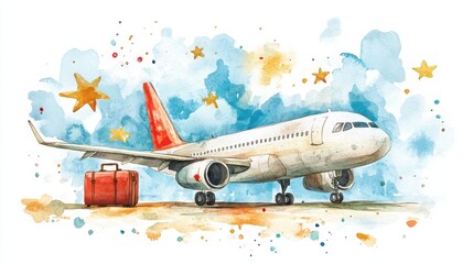 A watercolor painting of a passenger airplane on the ground with a red suitcase nearby, set against a dreamy sky filled with clouds and golden stars.