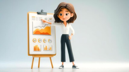 3d Confident businesswoman presenting chart graph data on easel in casual outfit explaining financial statistics with enthusiasm in modern bright setting