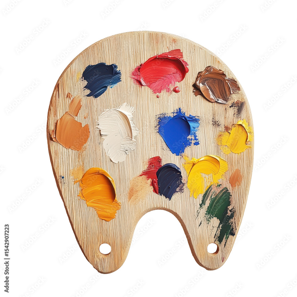 Aufkleber creative wooden art palette filled with vibrant blobs of paint and brushes for artistic expression, 