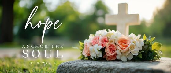 Hope Anchor the Soul Inspirational Floral Arrangement on Grave with Cross Background