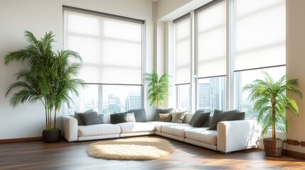 Fototapeta premium Bright modern living room with large , indoor plants, white sofa, natural sunlight, cozy rug, contemporary home decor