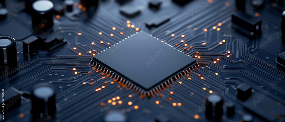 Aufkleber close-up of microchip with circuit board connectivity and glowing elements in dark background