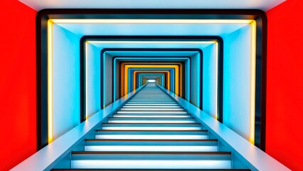Colorful staircase leading into a vibrant tunnel with neon lights, creating a modern and dynamic atmosphere in an urban setting