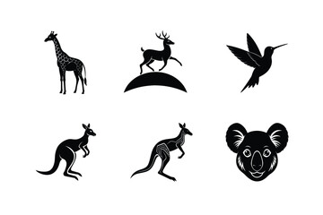 Six black silhouettes of australian and african animals