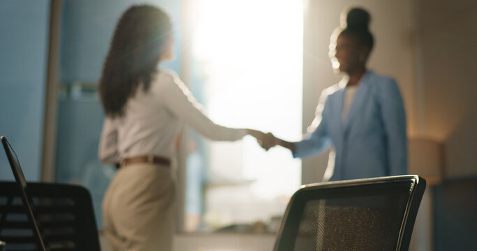 Handshake, deal and business women in office for partnership, agreement or finance merger. Contract, greeting and financial manager shaking hands with client for introduction, welcome or thank you.