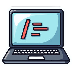 A cartoon illustration of a laptop showing code, suitable for software and technology themes