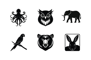 Six black silhouettes of wild animals