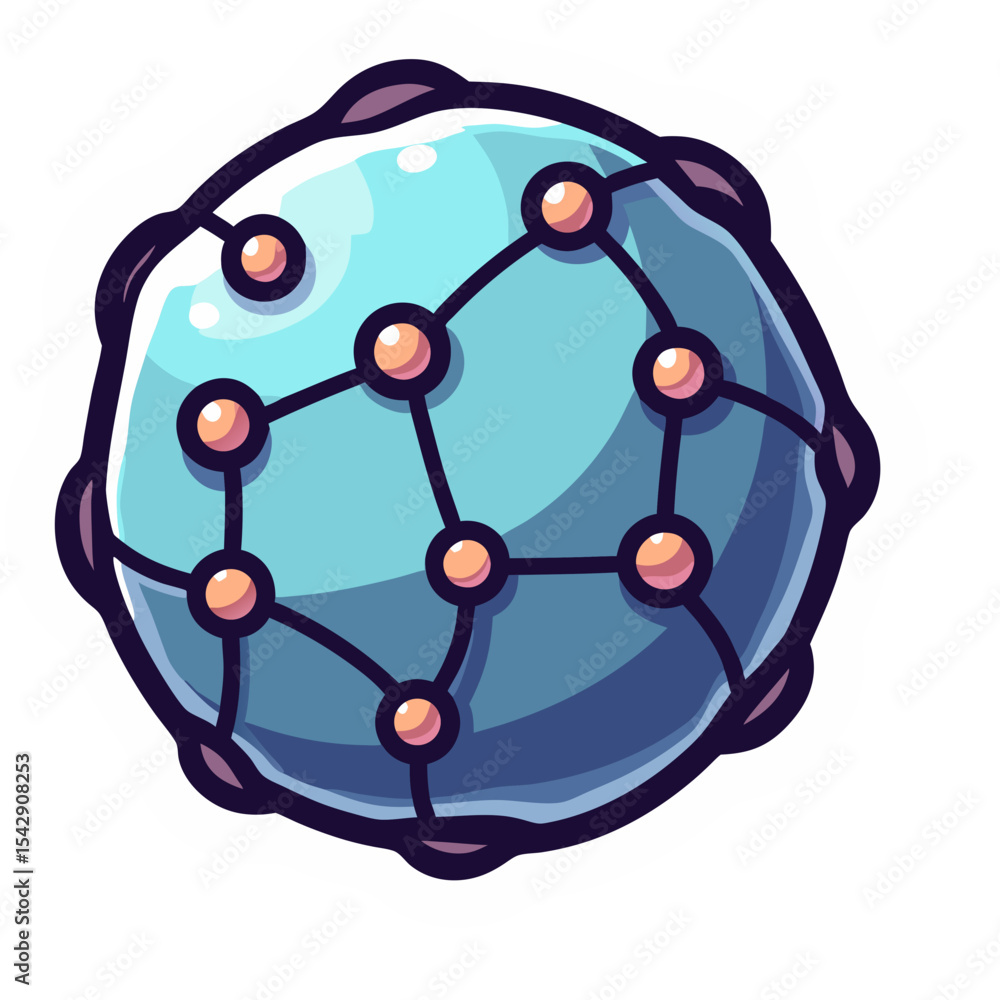 Poster illustration of a digital network globe with interconnected nodes on a black background sticker