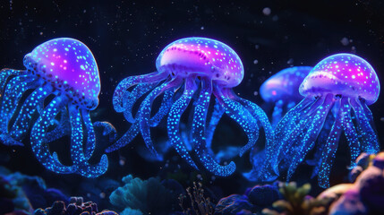 A school of three beautiful, bioluminescent jellyfish glow with vibrant purple and blue light in the deep ocean. Their spotted bells and intricate tentacles float gracefully above a colorful coral 
