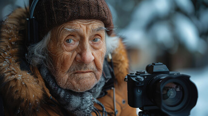 A poignant portrait of an elderly war survivor or witness, wearing a winter hat, coat, and headphones, being filmed for a documentary or digital archive in a snowy, outdoor setting
