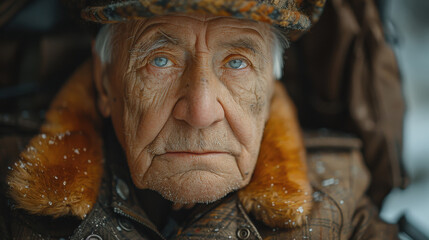 A poignant, extreme close-up portrait of an elderly war survivor with piercing blue eyes and a weathered face, wearing a winter cap and coat