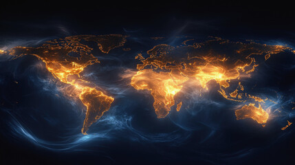 A glowing world map with fiery orange continents set against a dark, cosmic background. The image visualizes global connectivity, energy, or data flow with a powerful, futuristic aesthetic