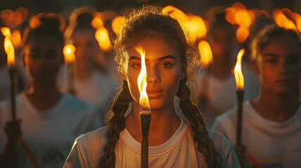A young woman with a determined gaze holds a flaming torch, her face illuminated by its warm light. She stands among a crowd in a nighttime procession, creating a powerful and unified scene