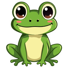 Adorable cartoon green frog sticker with big eyes grinning against a jet black background