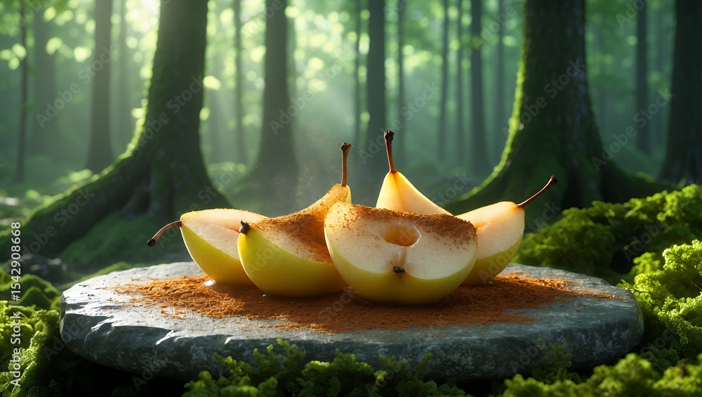 Poster sliced pears with spice on stone slab in forest setting