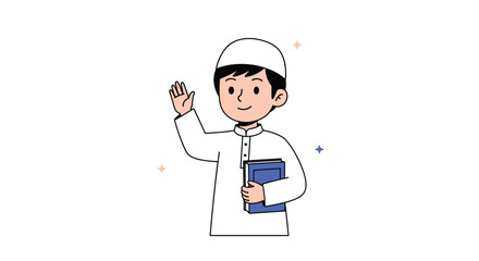 Illustration of a Muslim Boy Wearing a Traditional White Cap and White Clothes