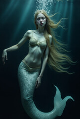 a mermaid with long, flowing blonde hair, wearing a mermaid tail and a detailed, beaded top, swimming underwater with rays of light shining through the water.