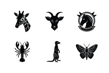 Six black silhouettes of animals and insects