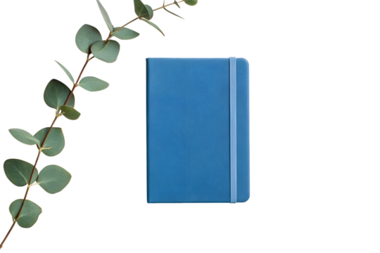 Elegant Blue Notebook with Eucalyptus Branch Perfect for Note-Taking, Journaling, and Sketching