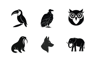 Six black silhouettes of wild animals