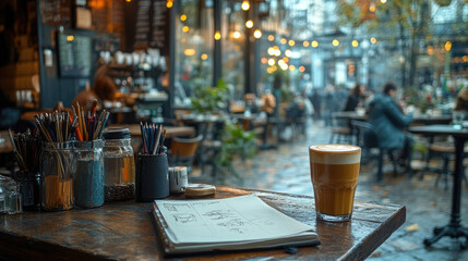 Cozy caf? scene with sketchbook and latte drink