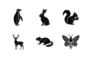 Wildlife silhouettes collection penguin rabbit squirrel deer marmot bee