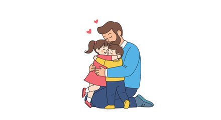 Father is hugging his son and daughter with love with heart symbols around