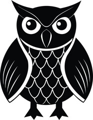 Bold, stylized owl graphic in black and white with feather details