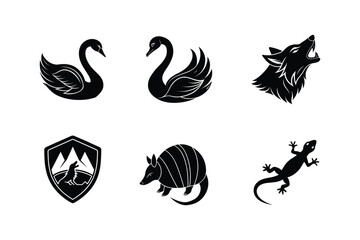 Black silhouettes of swans wolf armadillo lizard mountains