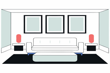 A minimalist white living room with three blank wall frames, a sofa, and a coffee table in the center of the frame. The style is modern, and the image is a realistic photography in high resolution.