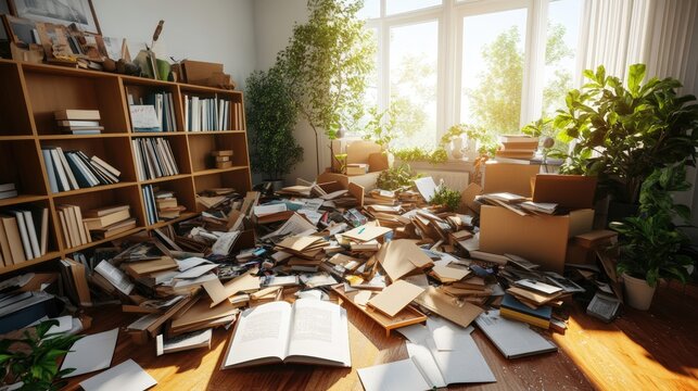 Messy room with scattered books papers and furniture in a bright sunlit space with large and indoor plants