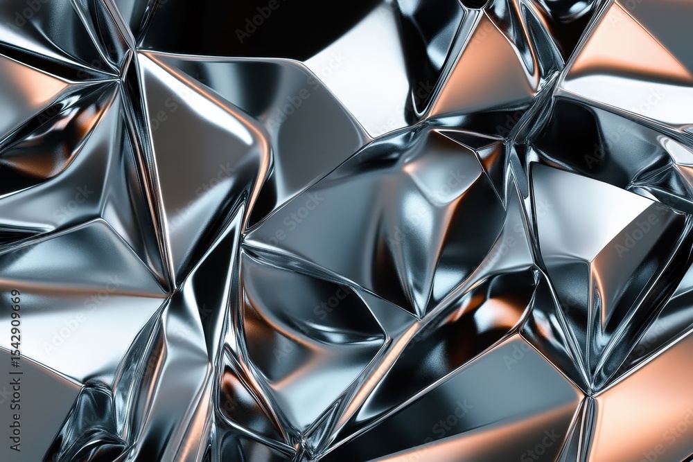 Poster Abstract geometry background featuring a glossy surface with intricate reflections and folds in metallic hues, Abstract geometry background Glossy surface with reflections seamless