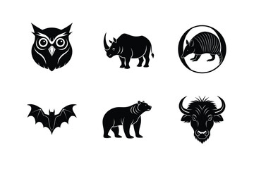 Wild animals set owl rhino armadillo bat bear buffalo