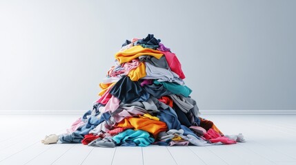 Large pile of colorful crumpled clothes and laundry on a plain wall background in a bright room