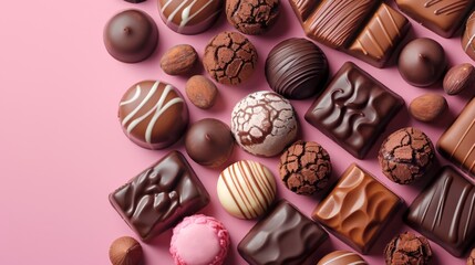Indulgent celebration of world chocolate day with assorted chocolates on pink background. Top view. Pink background. Horizontal banner. Copy space. Confectionery factory, sweet life