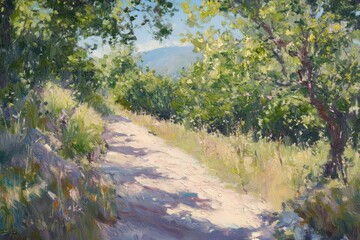 Fototapeta premium Mountain path surrounded by greenery on a sunny summer day invites exploration and adventure, Mountain path on a sunny summer day