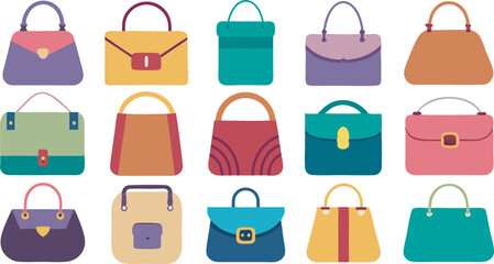 A vibrant collection featuring diverse women's fashion handbags in multiple styles and colors, perfect for every stylish occasion.