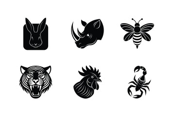 Six black silhouettes of animals and insect