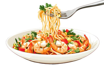 Delicious shrimp scampi pasta recipe with vegetables and herbs on a white plate dish