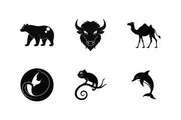 Six silhouettes of diverse animals bear bull camel cat chameleon dolphin