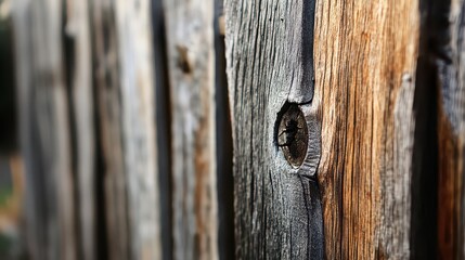 Fototapeta premium A close up of a weathered wooden fence with a knot hole and visible wood grain texture detail