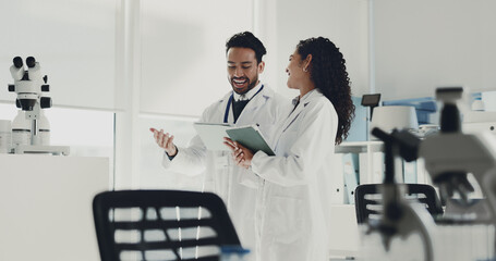 Scientist, team and talk with tablet for research, experiment results or forensic analysis. Tech,...