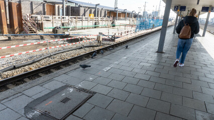 Train Station Construction, Woman Walking, Urban Scene