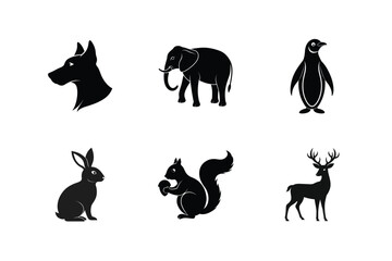 Six black silhouettes of various animals