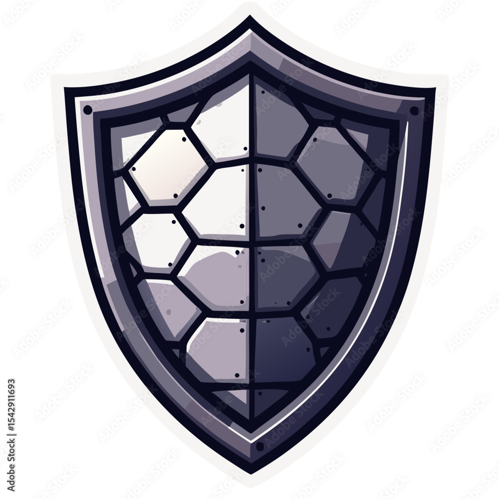 Poster illustration of a cartoon shield with a stylized hexagonal pattern on a black background