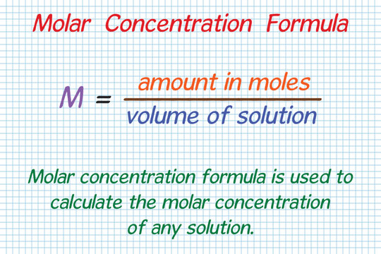 Molar Concentration Formula. School. Notebook. Cage. Homework.  Education. Science. Vector illustration.